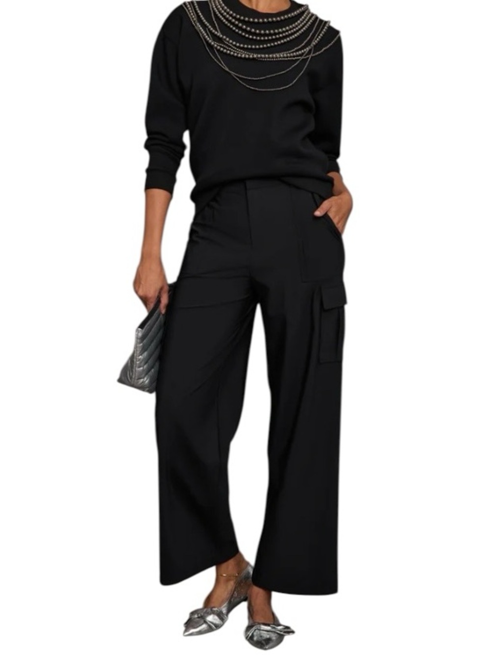 Carbon38 Stretch Woven Wide Leg Cargo Pants NWT Black High Rise